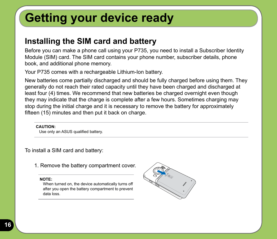 Getting your device ready, Installing the sim card and battery | Asus P735 User Manual | Page 16 / 150