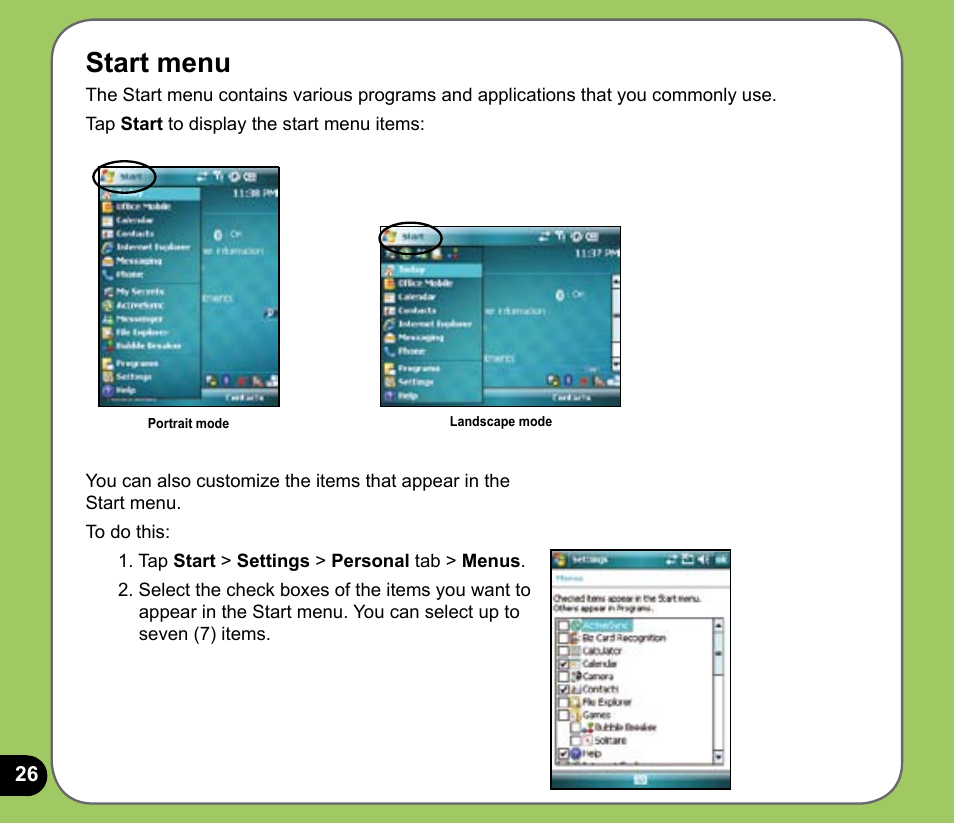 Start menu | Asus P735 User Manual | Page 26 / 150