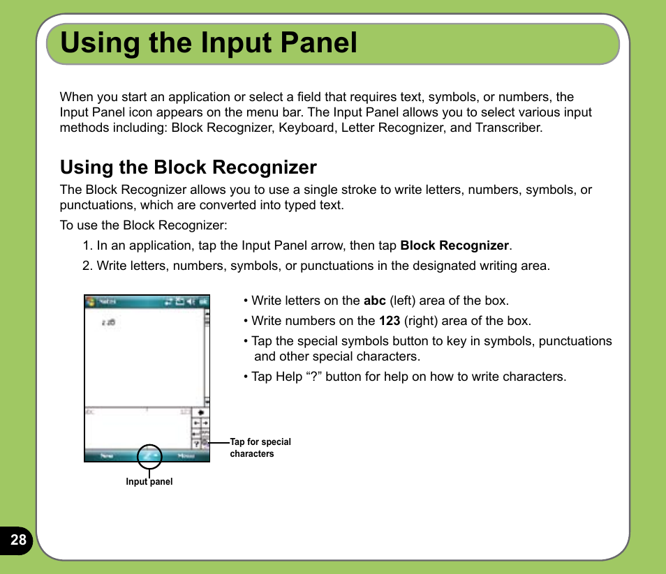 Using the input panel, Using the block recognizer | Asus P735 User Manual | Page 28 / 150