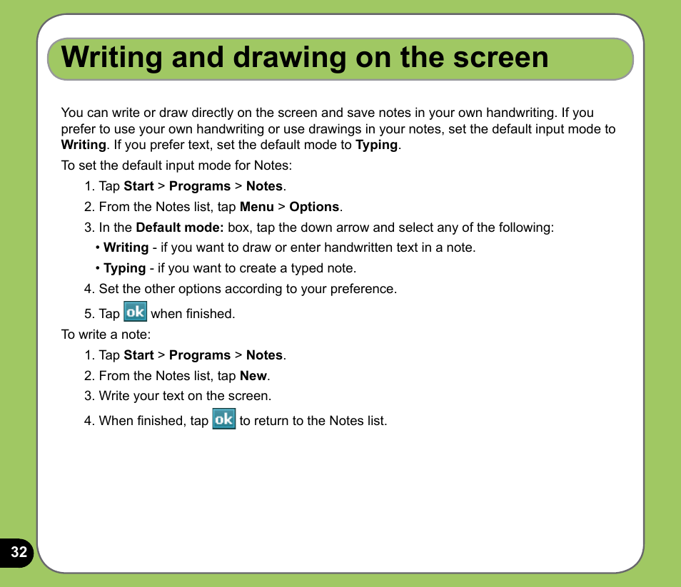 Writing and drawing on the screen | Asus P735 User Manual | Page 32 / 150