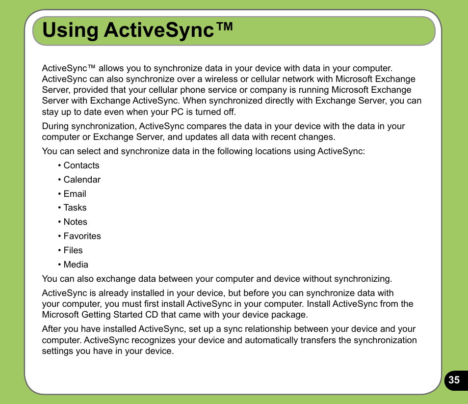 Using activesync | Asus P735 User Manual | Page 35 / 150