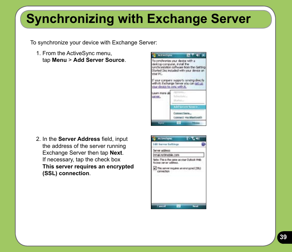 Synchronizing with exchange server | Asus P735 User Manual | Page 39 / 150