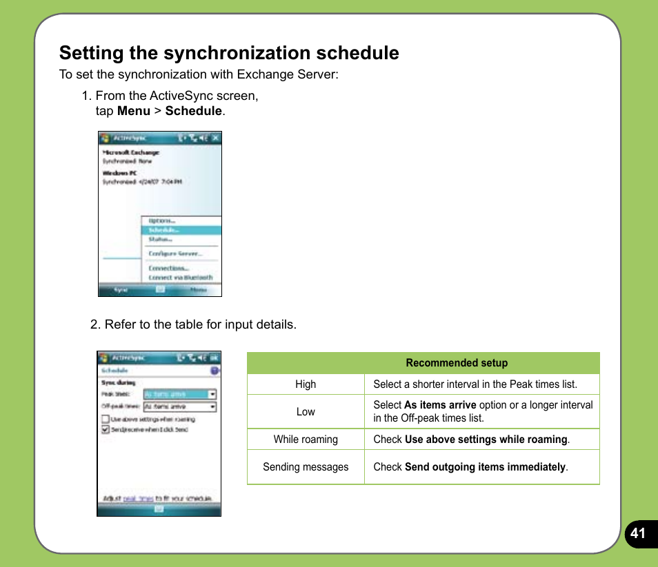 Setting the synchronization schedule | Asus P735 User Manual | Page 41 / 150