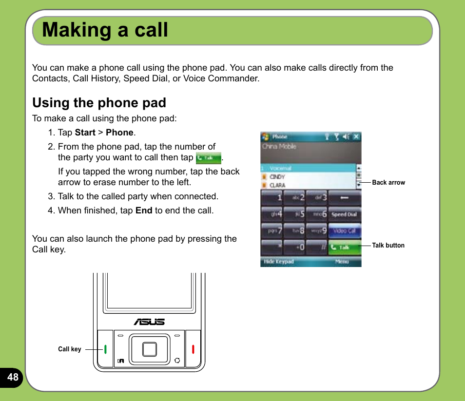 Making a call, Using the phone pad | Asus P735 User Manual | Page 48 / 150