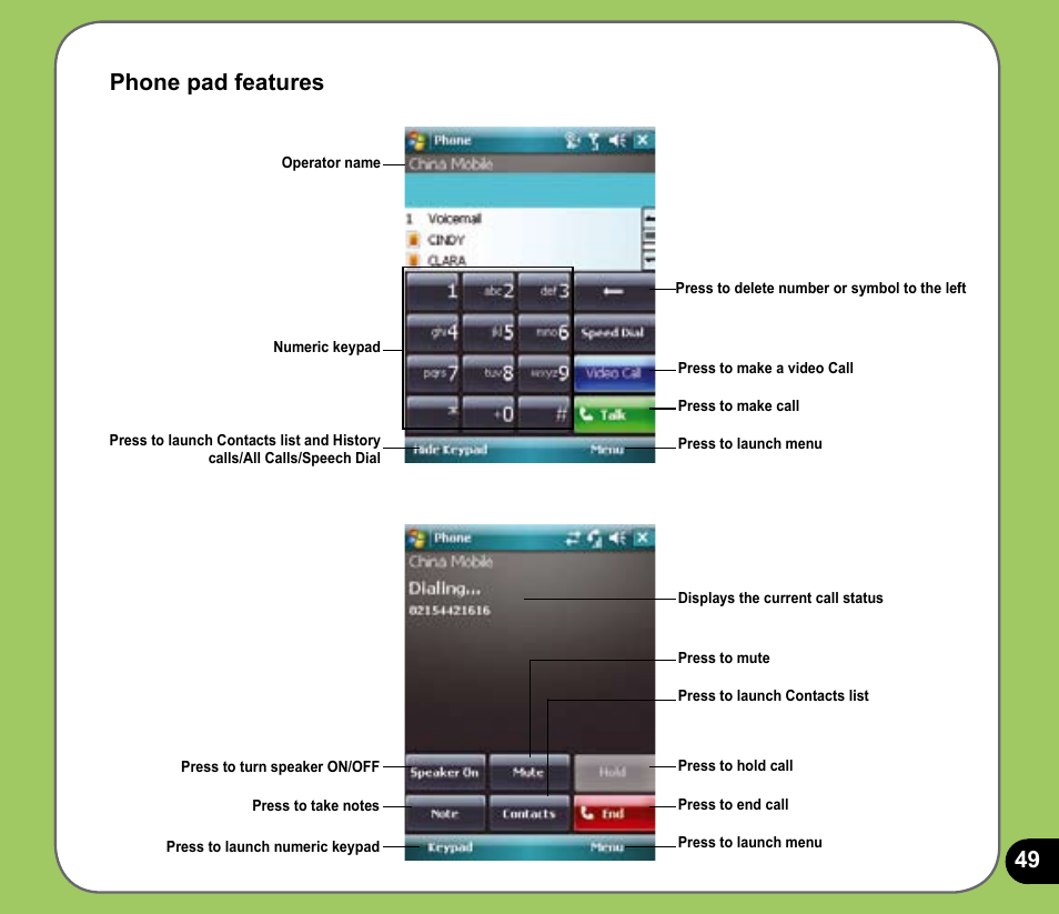 Phone pad features | Asus P735 User Manual | Page 49 / 150