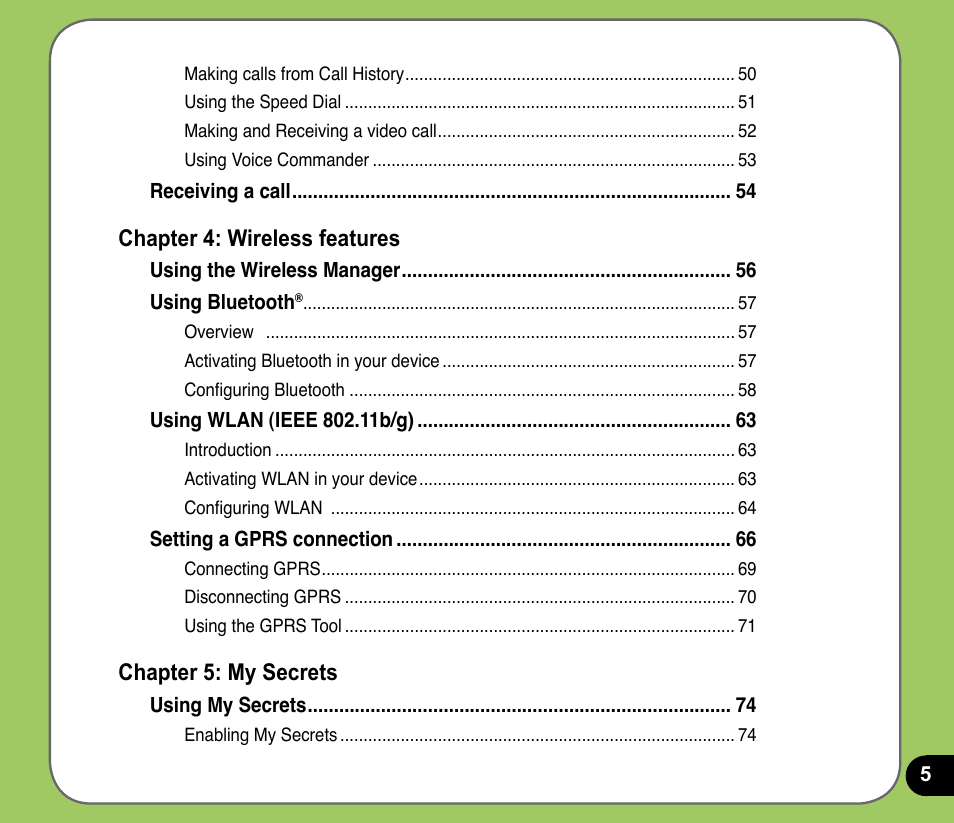 Chapter : wireless features, Chapter : my secrets | Asus P735 User Manual | Page 5 / 150