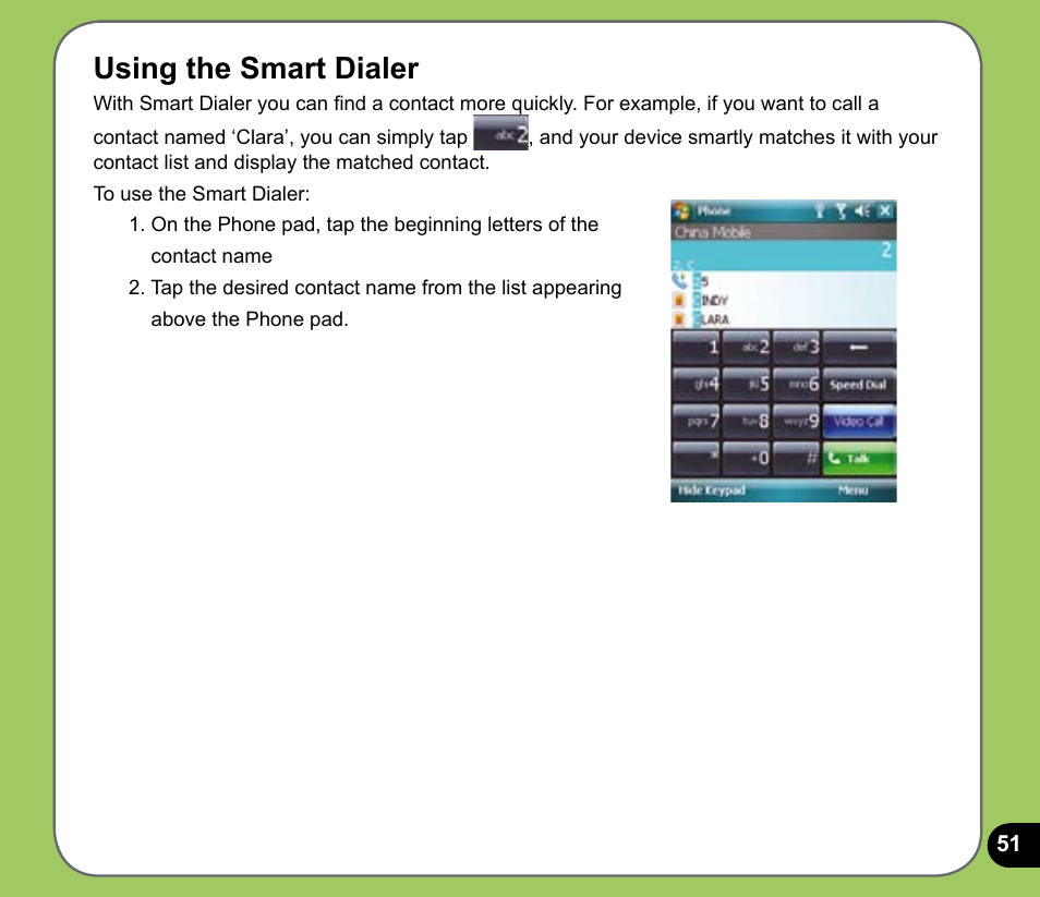 Using the smart dialer | Asus P735 User Manual | Page 51 / 150