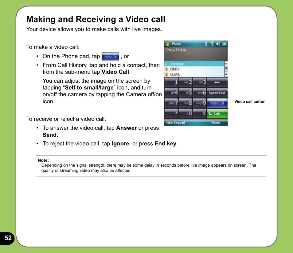 Making and receiving a video call | Asus P735 User Manual | Page 52 / 150