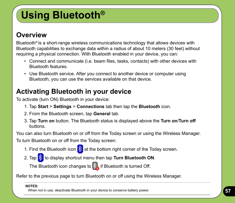 Using bluetooth, Overview, Activating bluetooth in your device | Asus P735 User Manual | Page 57 / 150