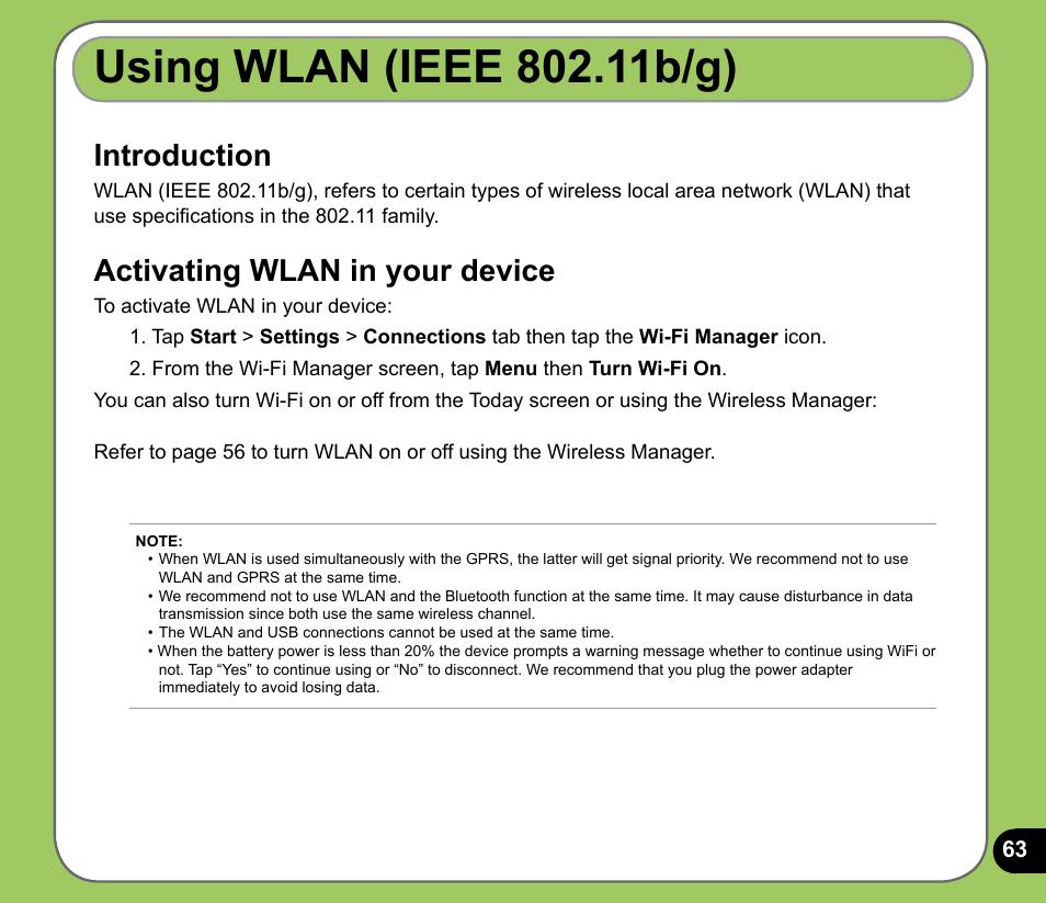 Using wlan (ieee 80.11b/g), Introduction, Activating wlan in your device | Asus P735 User Manual | Page 63 / 150