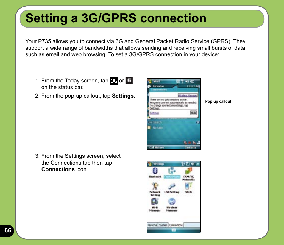 Setting a g/gprs connection | Asus P735 User Manual | Page 66 / 150