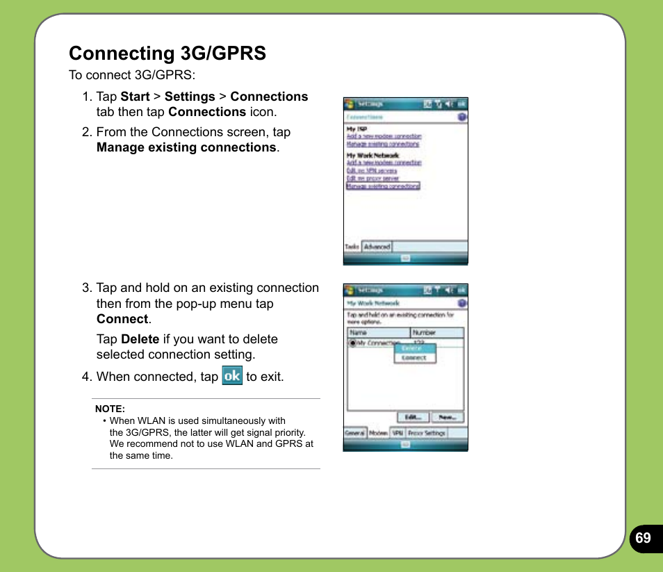 Connecting g/gprs | Asus P735 User Manual | Page 69 / 150