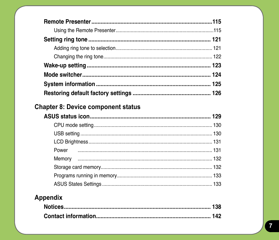 Asus P735 User Manual | Page 7 / 150