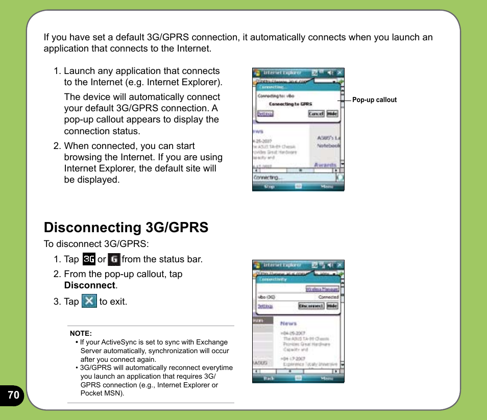Disconnecting g/gprs | Asus P735 User Manual | Page 70 / 150