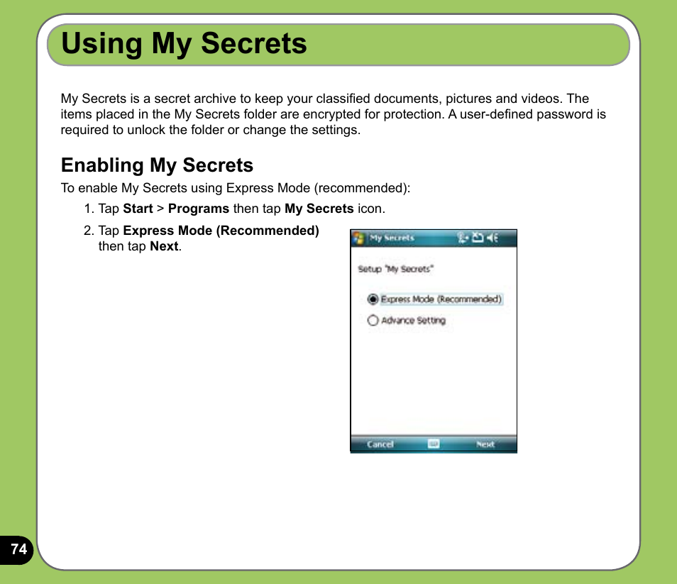 Using my secrets, Enabling my secrets | Asus P735 User Manual | Page 74 / 150