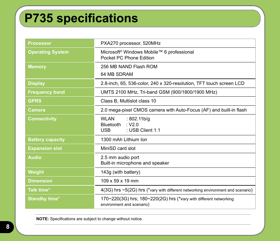 P735 specifications | Asus P735 User Manual | Page 8 / 150