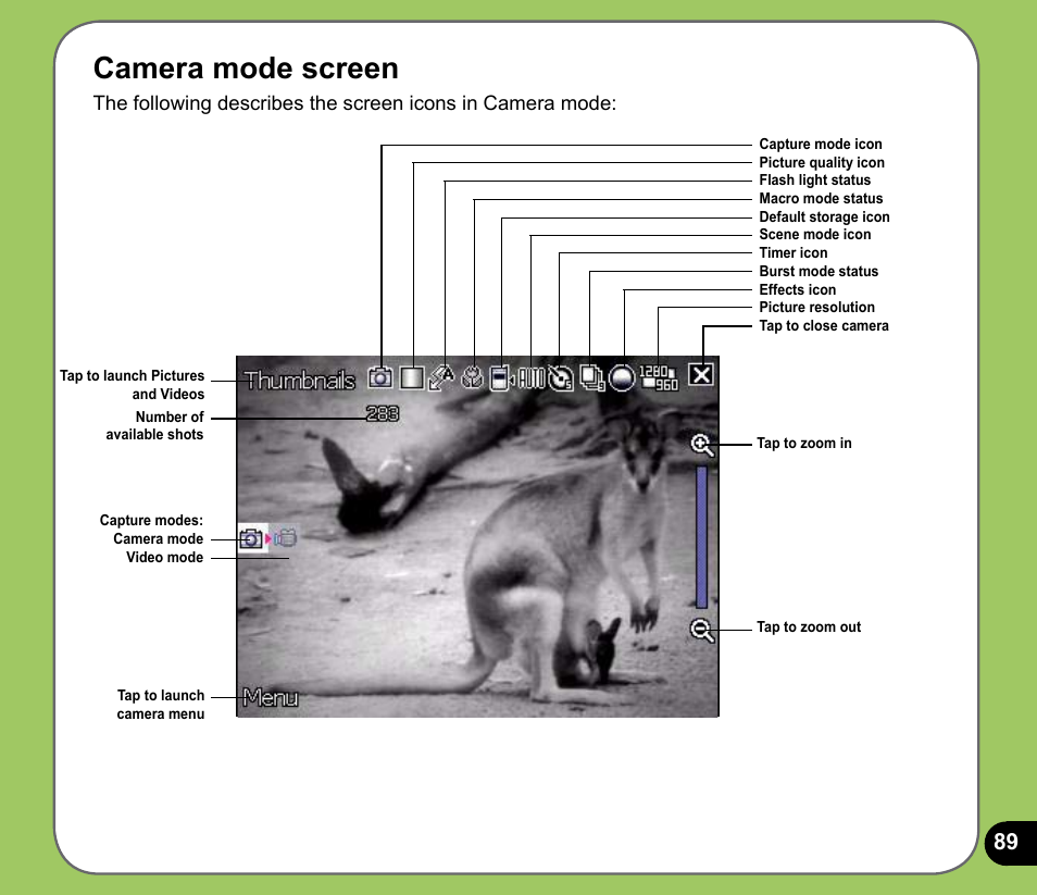 Camera mode screen | Asus P735 User Manual | Page 89 / 150