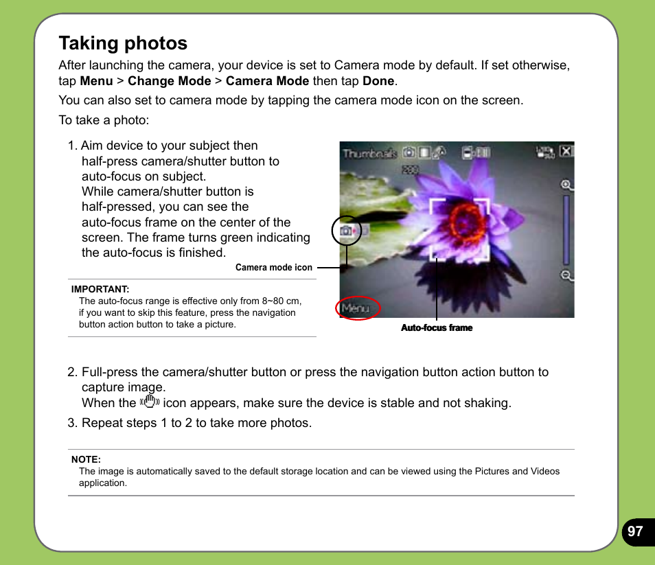 Taking photos | Asus P735 User Manual | Page 97 / 150