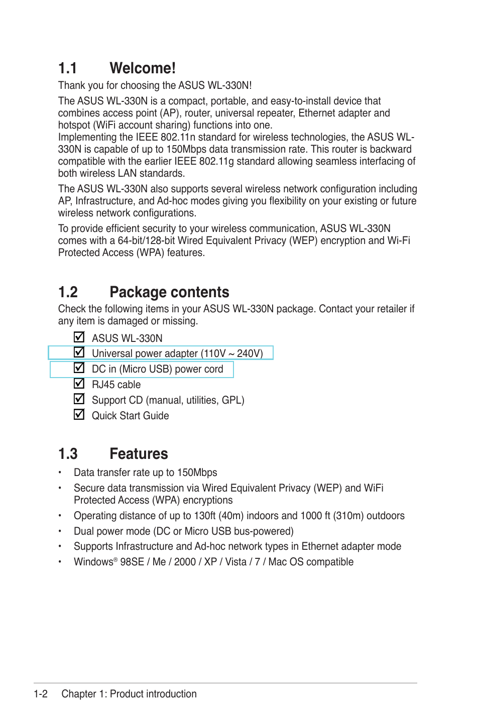 1 welcome, 2 package contents, 3 features | Asus WL-330N User Manual | Page 12 / 68