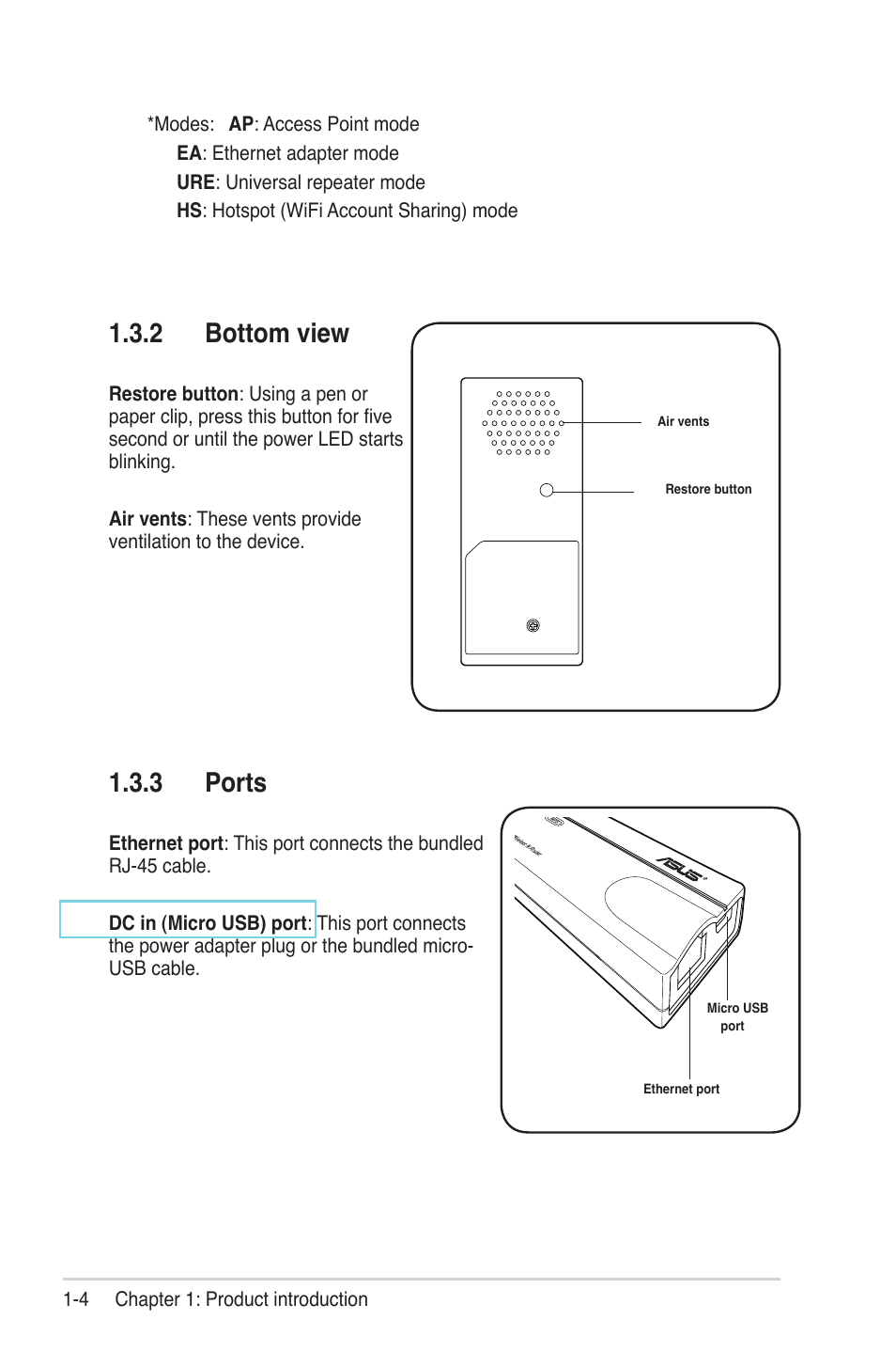 2 bottom view, 3 ports | Asus WL-330N User Manual | Page 14 / 68