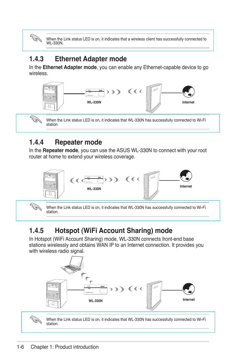 3 ethernet adapter mode, 4 repeater mode, 5 hotspot (wifi account sharing) mode | Asus WL-330N User Manual | Page 16 / 68