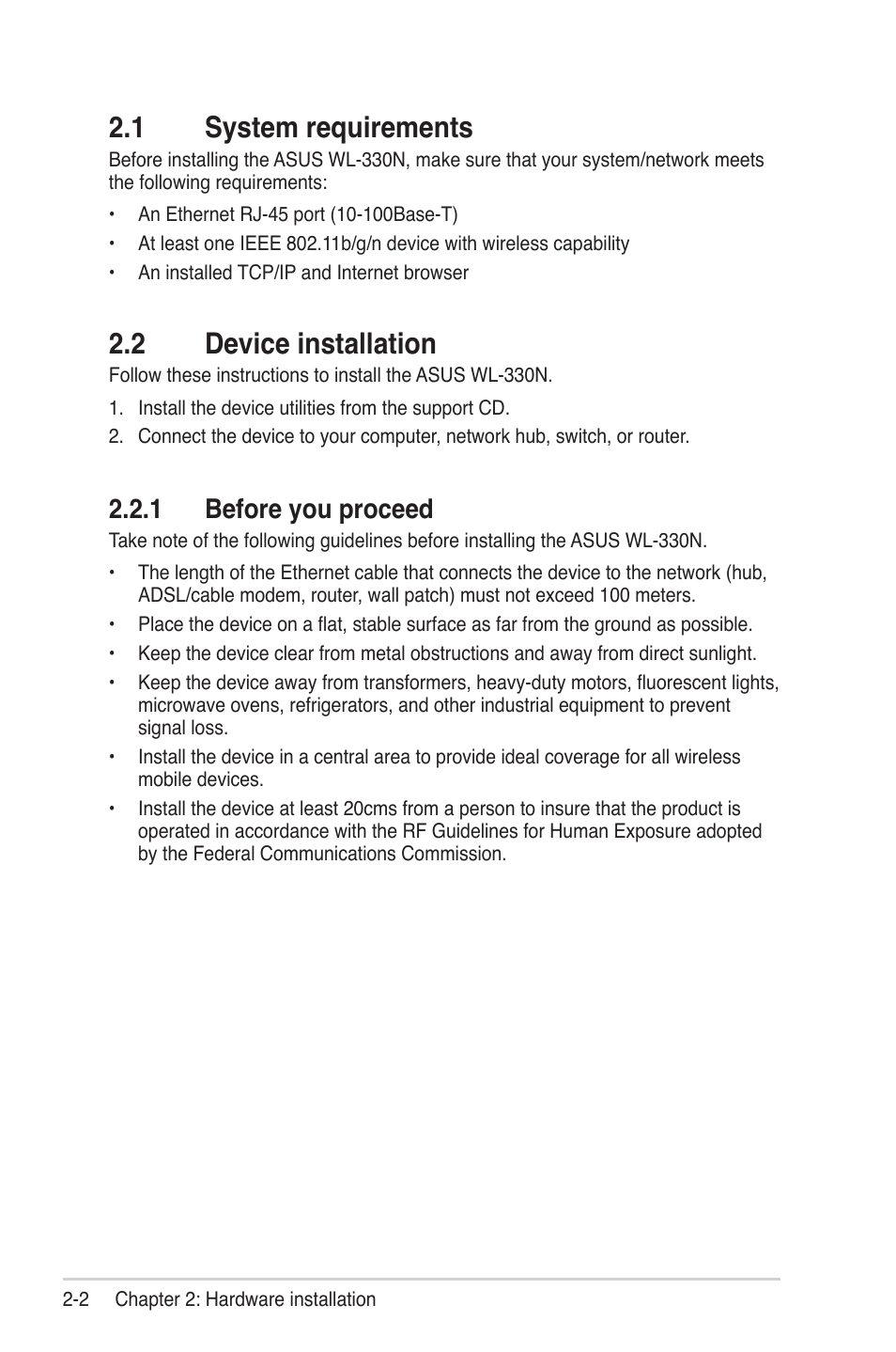 1 system requirements, 2 device installation, 1 before you proceed | Asus WL-330N User Manual | Page 18 / 68