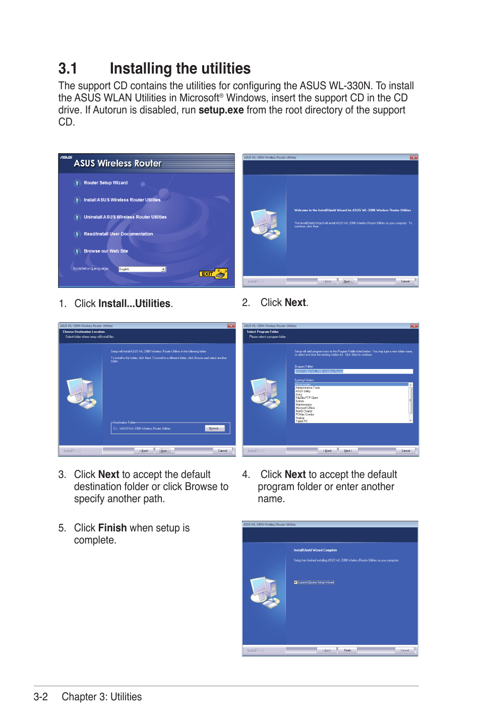 1 installing the utilities | Asus WL-330N User Manual | Page 22 / 68
