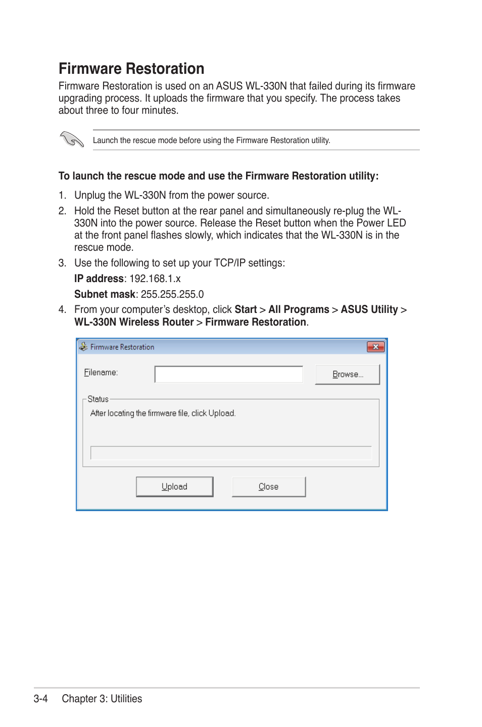 Firmware restoration | Asus WL-330N User Manual | Page 24 / 68