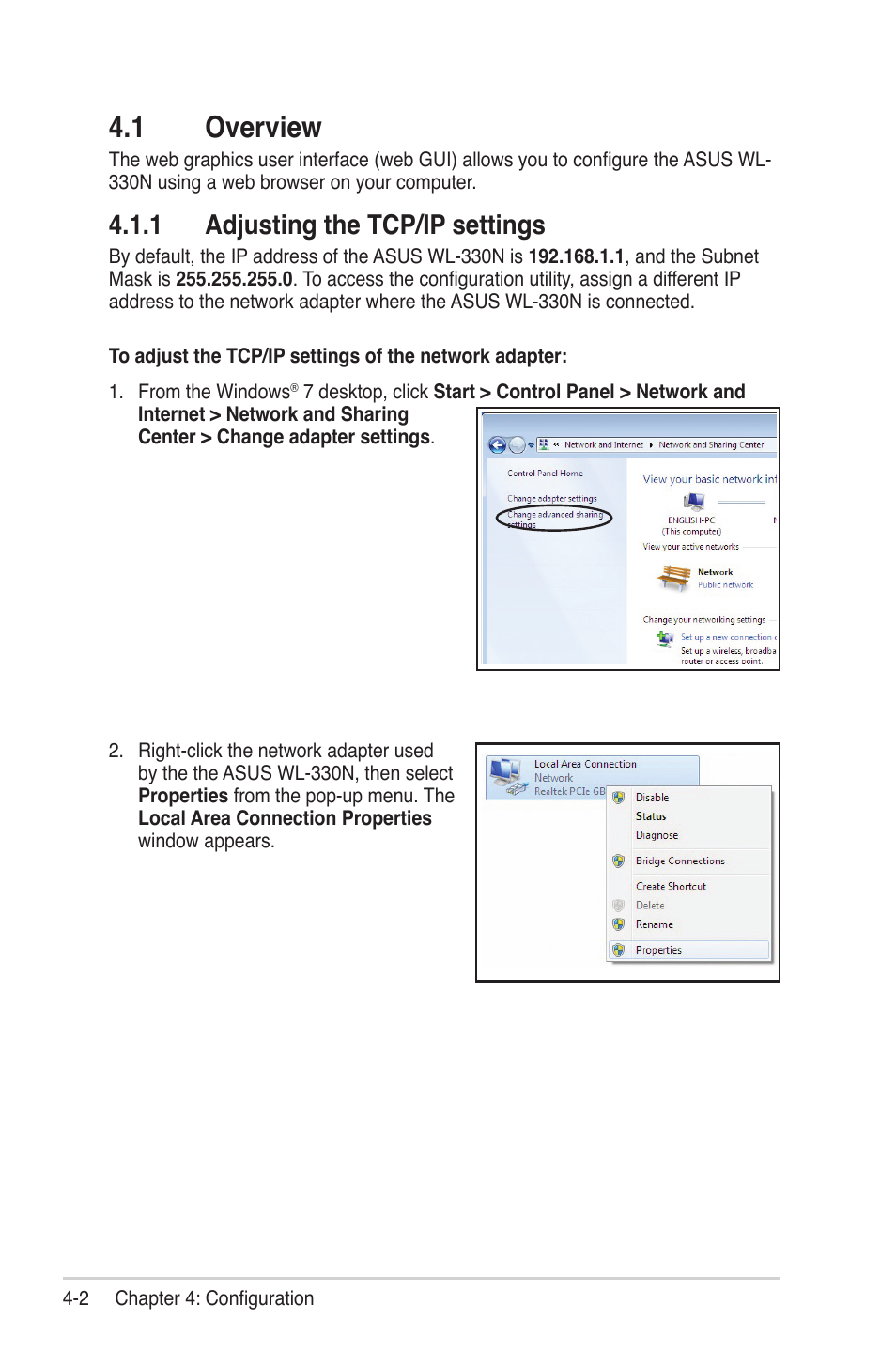 1 overview, 1 adjusting the tcp/ip settings | Asus WL-330N User Manual | Page 26 / 68