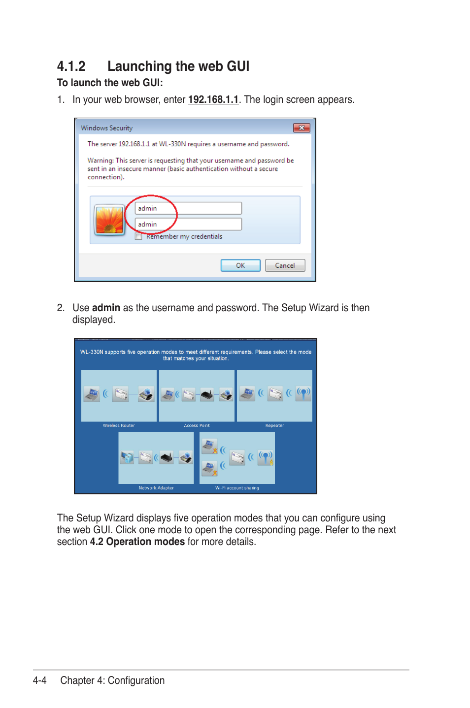 2 launching the web gui | Asus WL-330N User Manual | Page 28 / 68