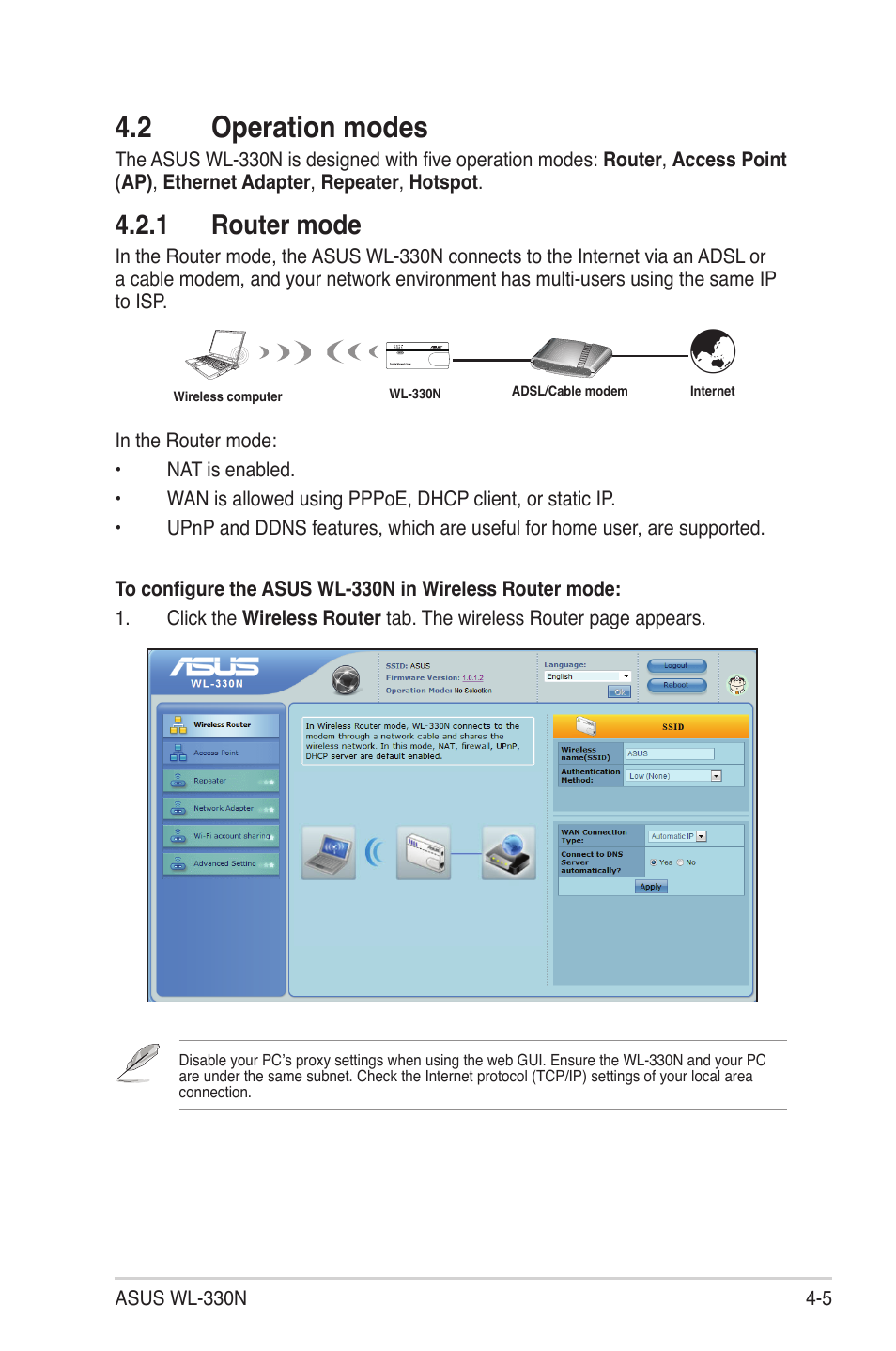 2 operation modes, 1 router mode | Asus WL-330N User Manual | Page 29 / 68
