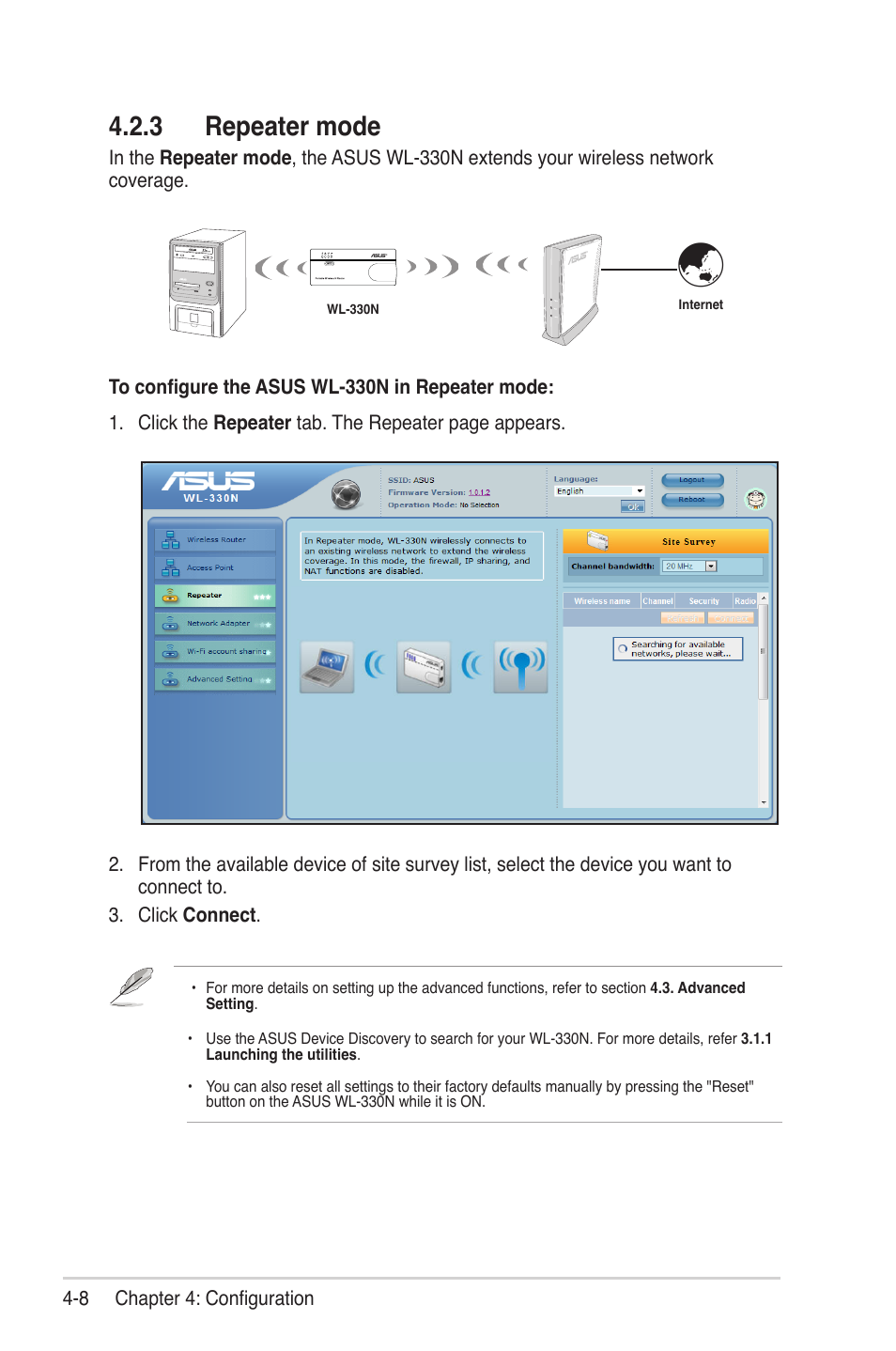 3 repeater mode | Asus WL-330N User Manual | Page 32 / 68