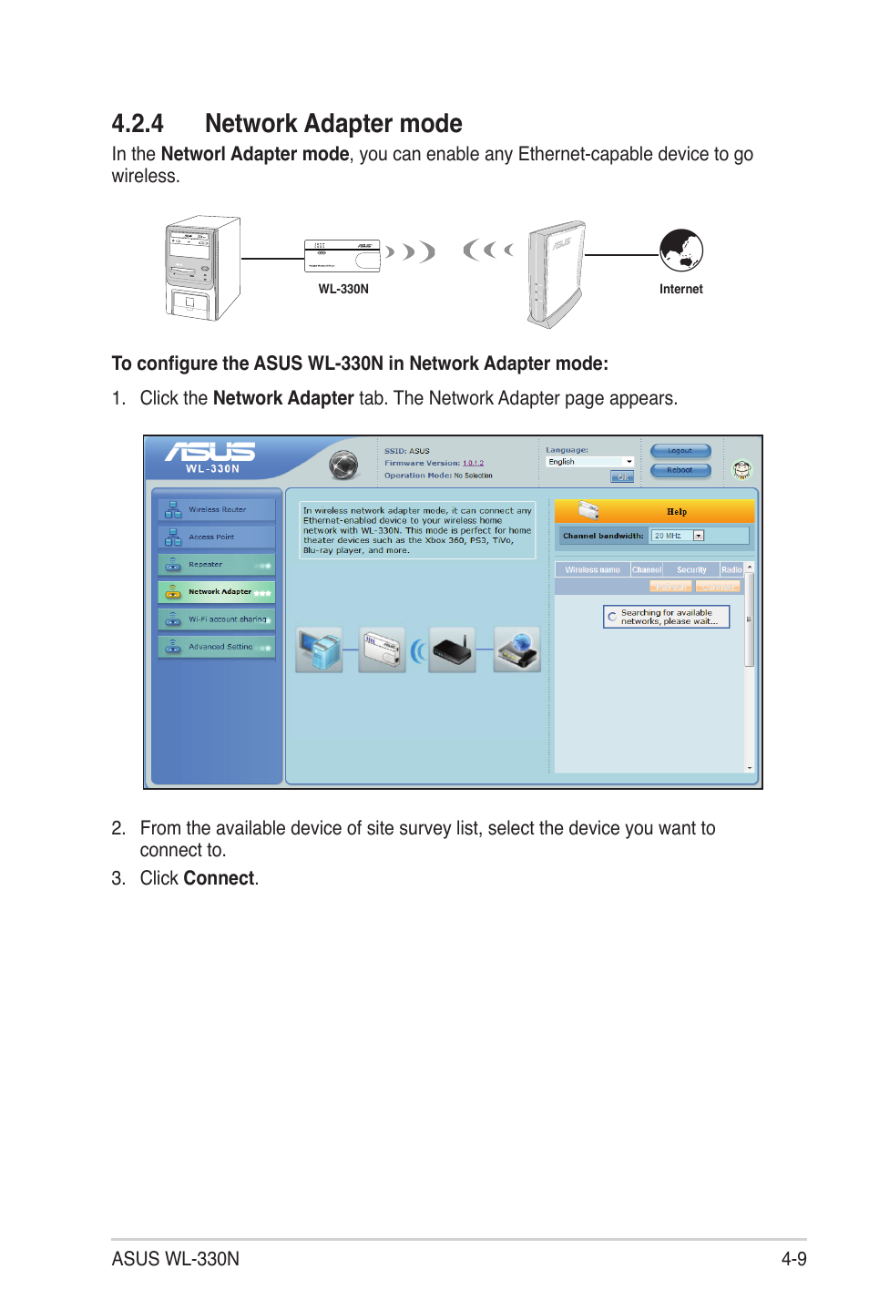 4 network adapter mode | Asus WL-330N User Manual | Page 33 / 68