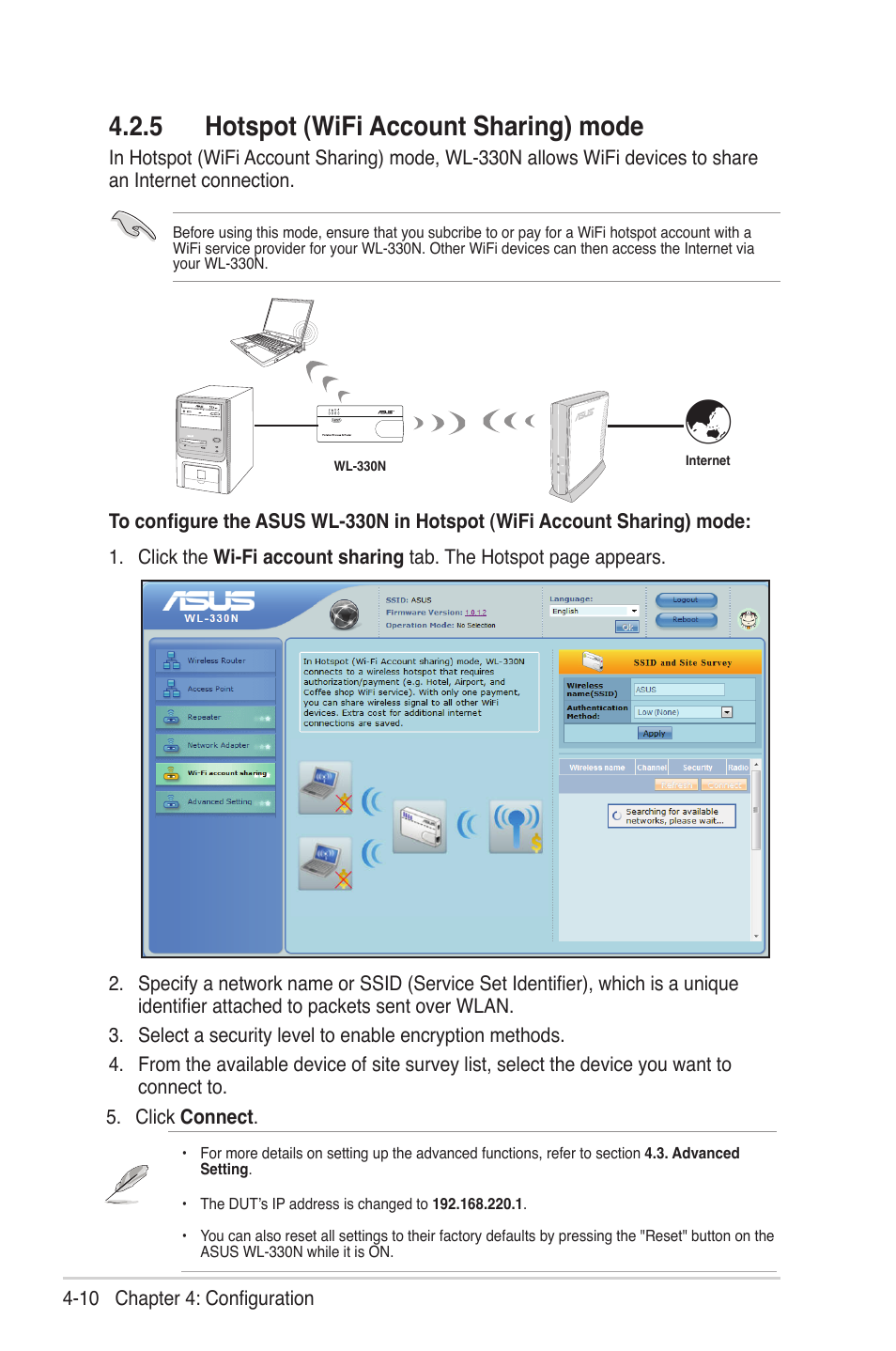 5 hotspot (wifi account sharing) mode | Asus WL-330N User Manual | Page 34 / 68