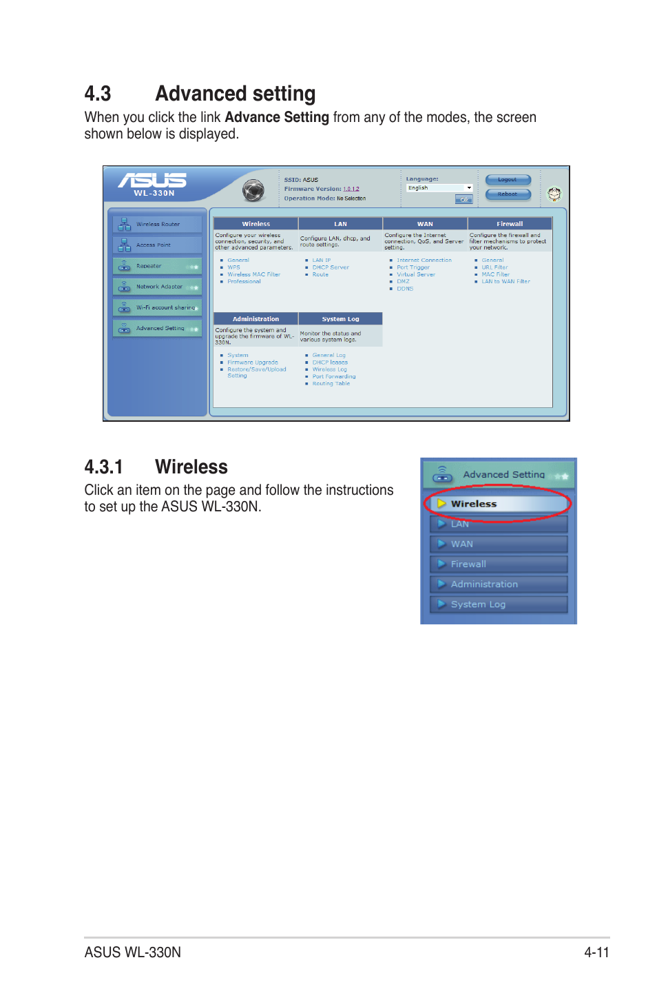 3 advanced setting, 1 wireless | Asus WL-330N User Manual | Page 35 / 68