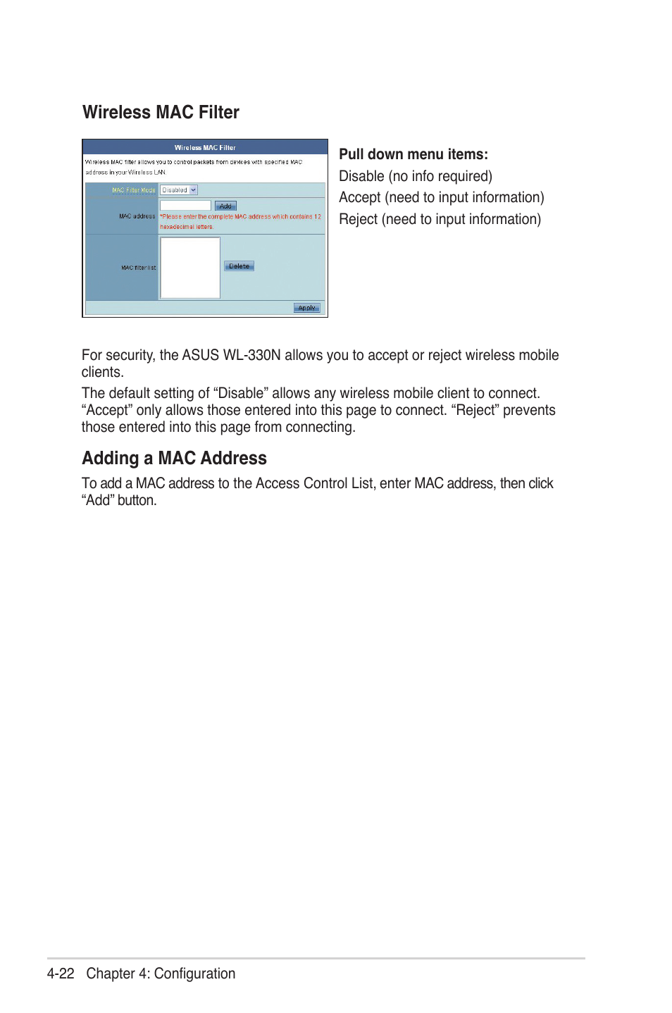 Wireless mac filter, Adding a mac address | Asus WL-330N User Manual | Page 46 / 68