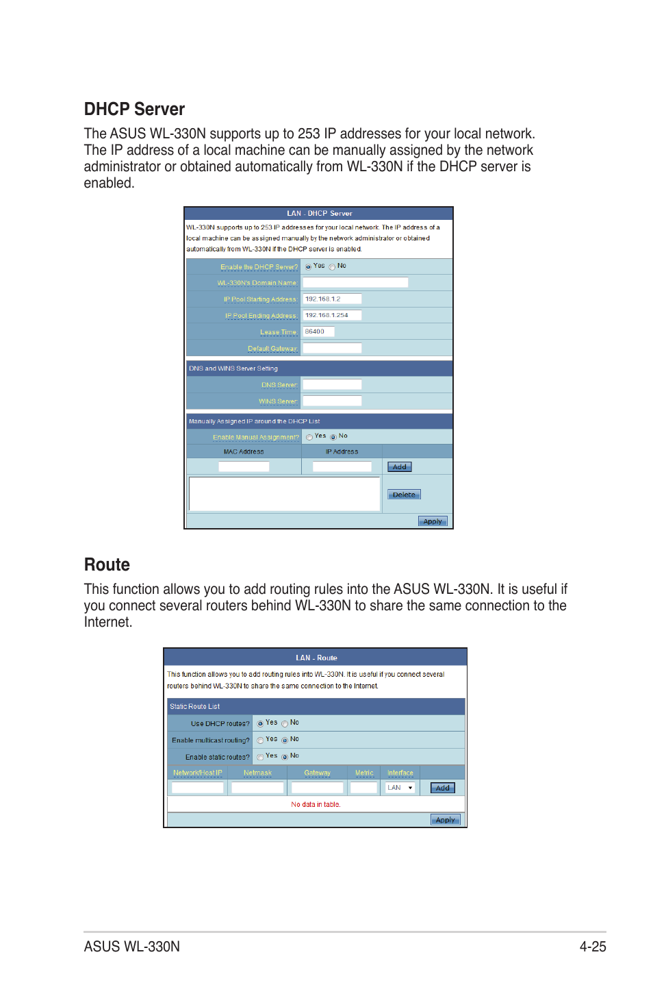 Dhcp server, Route | Asus WL-330N User Manual | Page 49 / 68