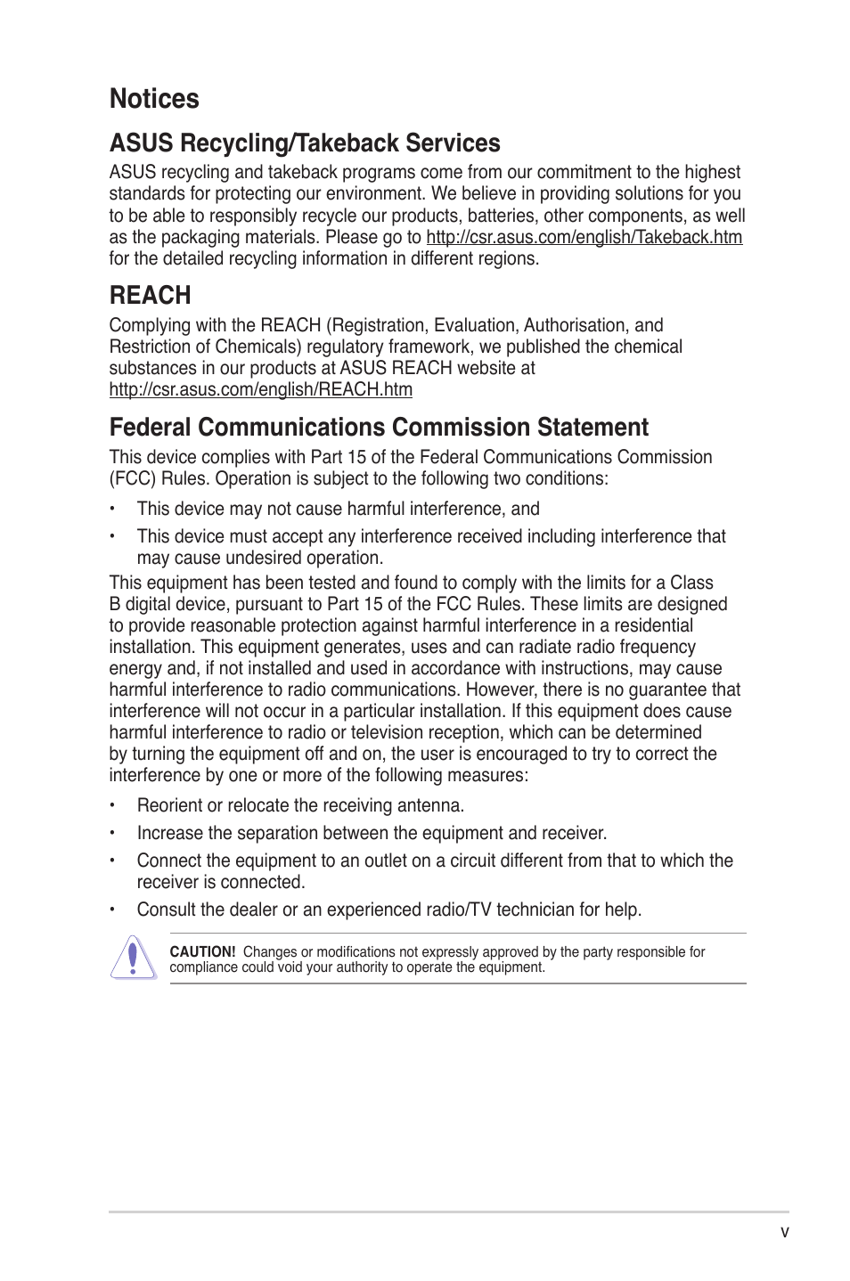Notices, Asus recycling/takeback services, Reach | Federal communications commission statement | Asus WL-330N User Manual | Page 5 / 68
