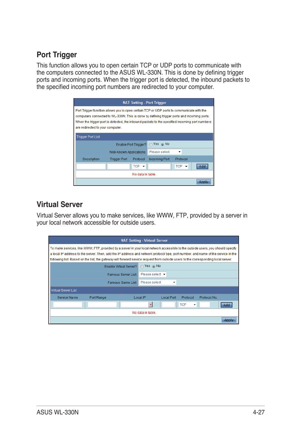 Virtual server, Port trigger | Asus WL-330N User Manual | Page 51 / 68