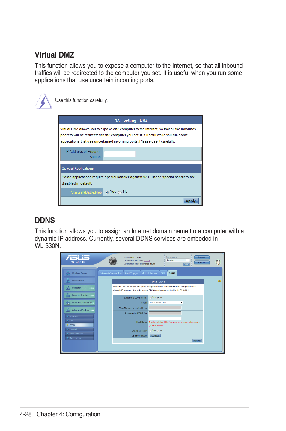 Virtual dmz, Ddns | Asus WL-330N User Manual | Page 52 / 68