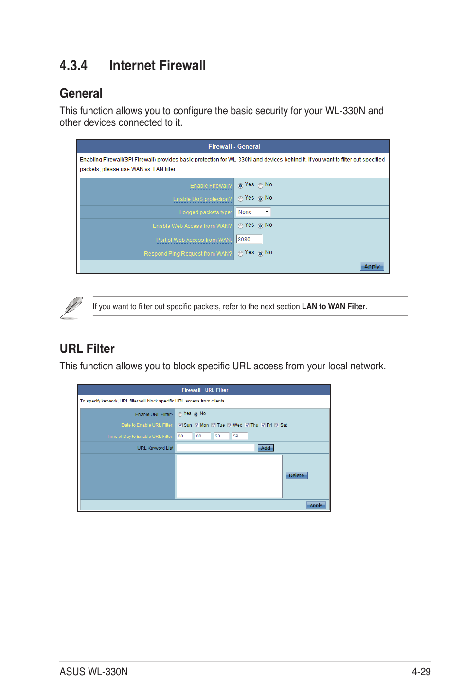 4 internet firewall, General, Url filter | Asus WL-330N User Manual | Page 53 / 68