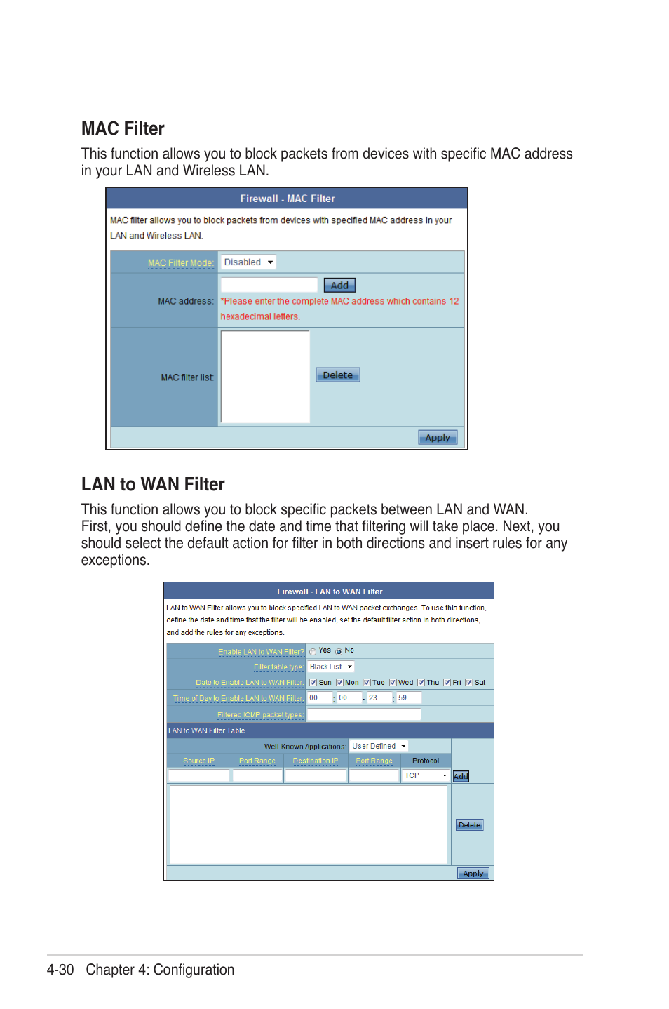 Lan to wan filter, Mac filter | Asus WL-330N User Manual | Page 54 / 68
