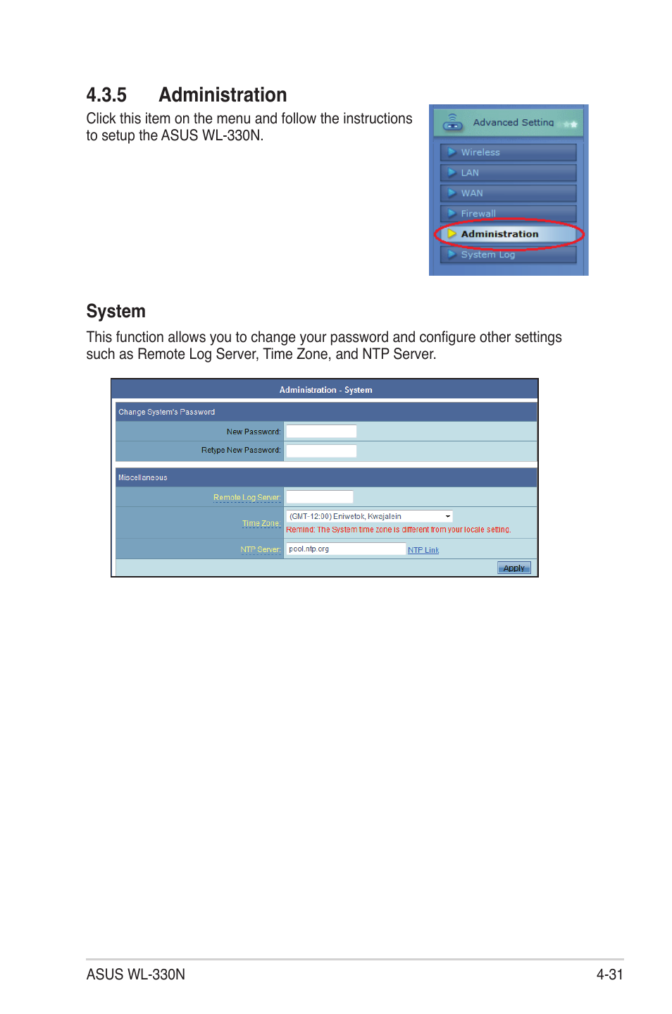 5 administration, System | Asus WL-330N User Manual | Page 55 / 68