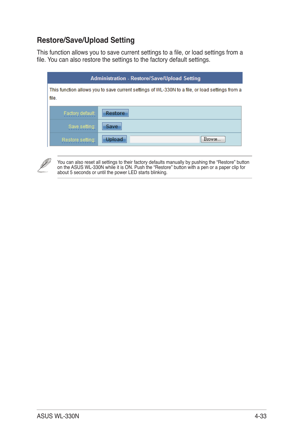 Restore/save/upload setting | Asus WL-330N User Manual | Page 57 / 68