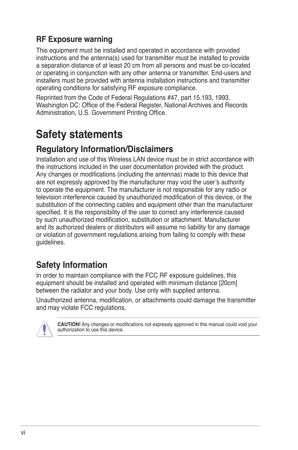 Safety statements, Regulatory information/disclaimers, Safety information | Rf exposure warning | Asus WL-330N User Manual | Page 6 / 68