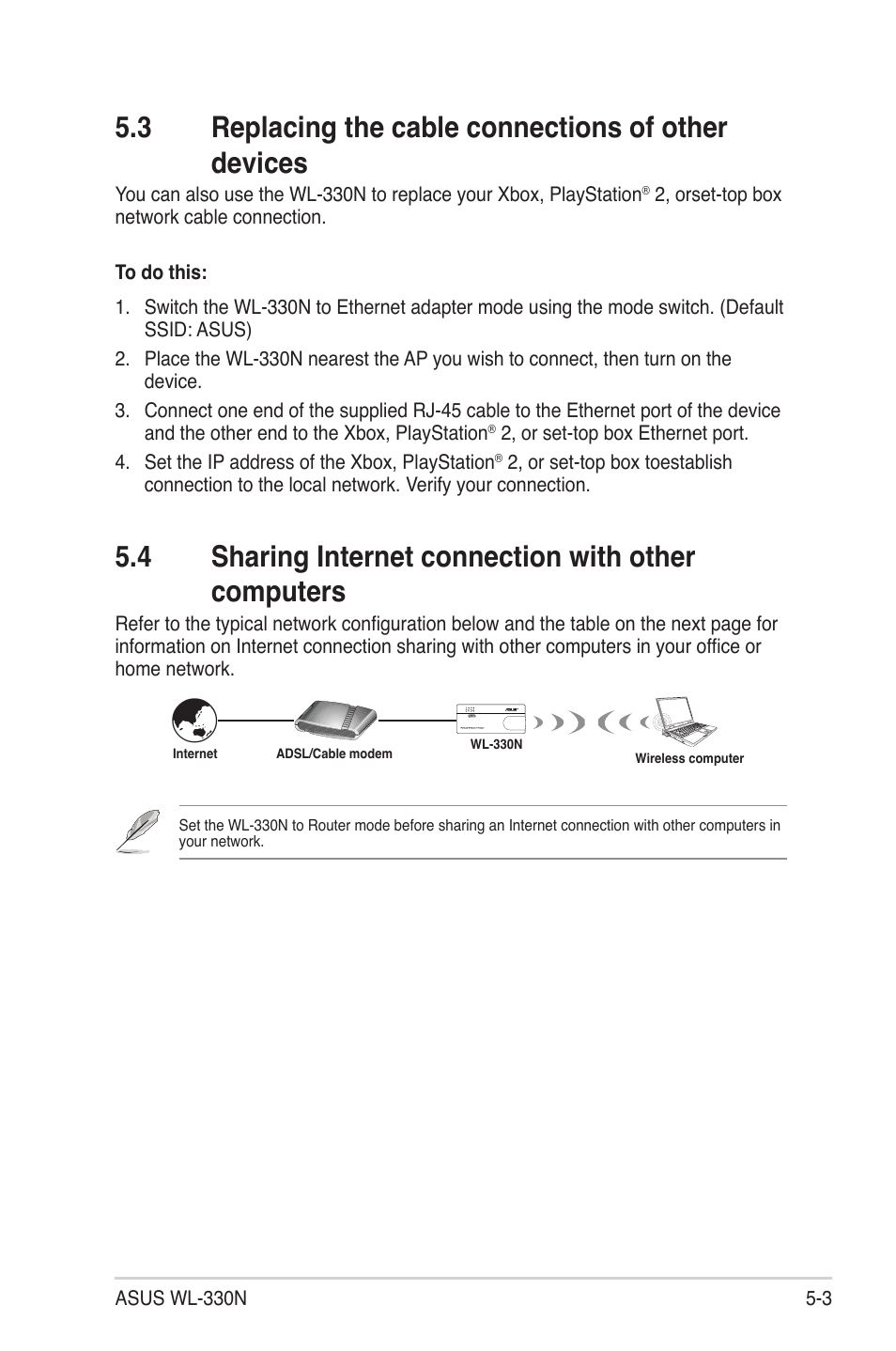 3 replacing the cable connections of other devices, 4 sharing internet connection with other computers | Asus WL-330N User Manual | Page 63 / 68