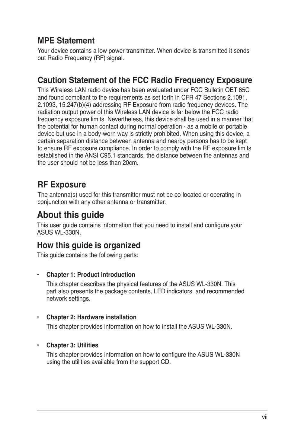 About this guide, Mpe statement, Rf exposure | How this guide is organized | Asus WL-330N User Manual | Page 7 / 68