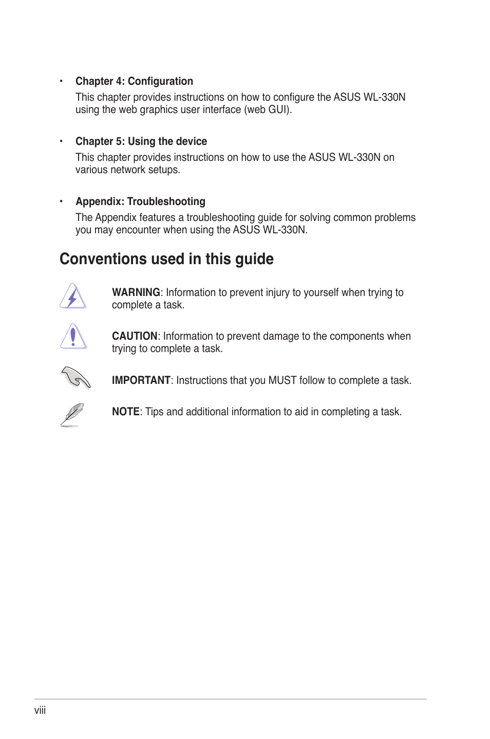 Conventions used in this guide | Asus WL-330N User Manual | Page 8 / 68