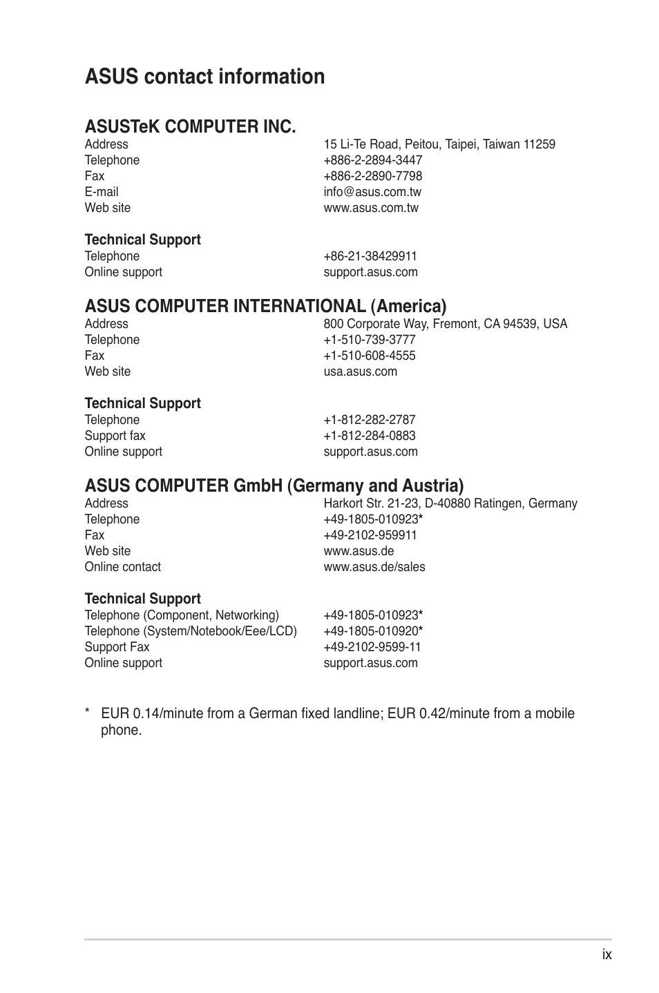 Asus contact information, Asustek computer inc, Asus computer international (america) | Asus computer gmbh (germany and austria) | Asus WL-330N User Manual | Page 9 / 68