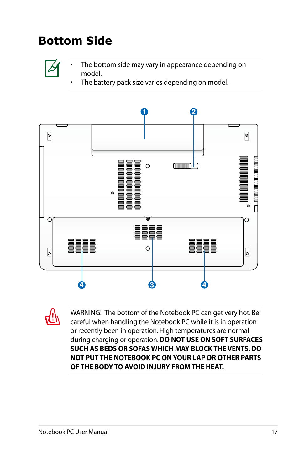 Bottom side | Asus R701VZ User Manual | Page 17 / 122